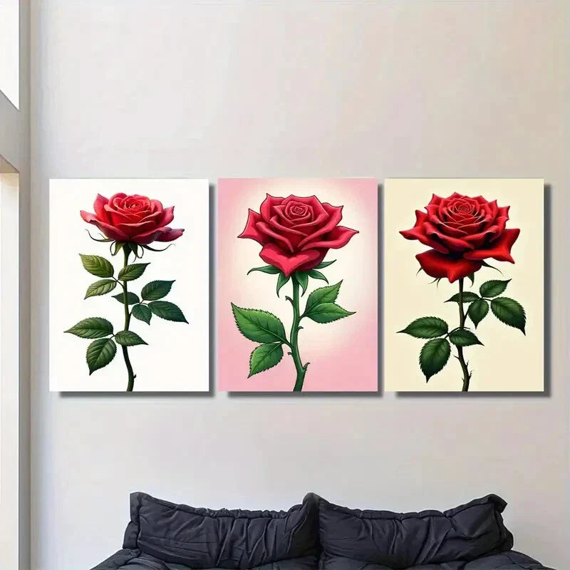 3pcs Elegant Red Rose Triptych Classic & Glam Metal Print Ready to Hang Art