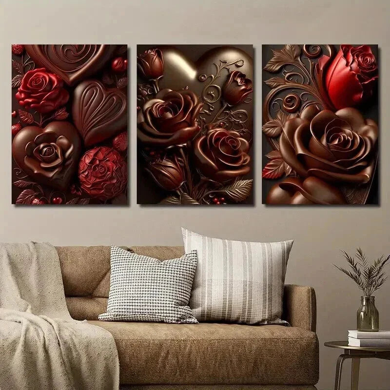 3pcs Chocolate Rose with Golden Accents Wall Art Set Canvas Framed 40x60cm - High Quality Print 100% Australian Made Wall Canvas Ready to Hang