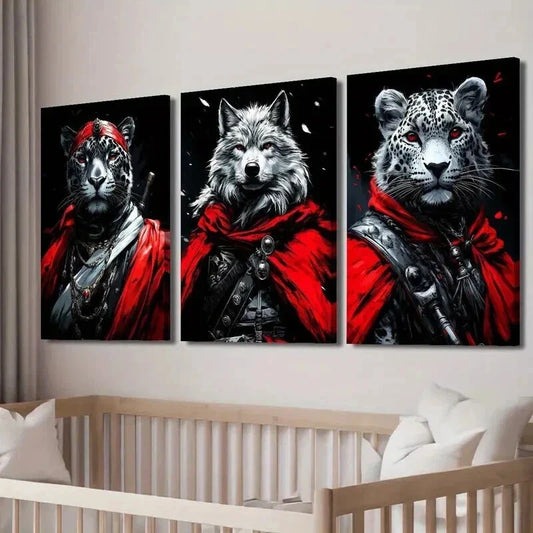 3pcs Red-Cloaked Wolf Leopard & Tiger Wall Art Set Canvas Framed 40x60cm - High Quality Print 100% Australian Made Wall Canvas Ready to Hang
