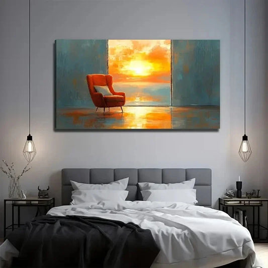 Golden Sunset Red Chair Wall Art Canvas Office Home Room Framed 120x60cm