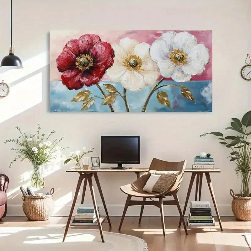 Red Poppies & Green Leaves Wall Art Canvas Office Home Room Framed 120x60cm