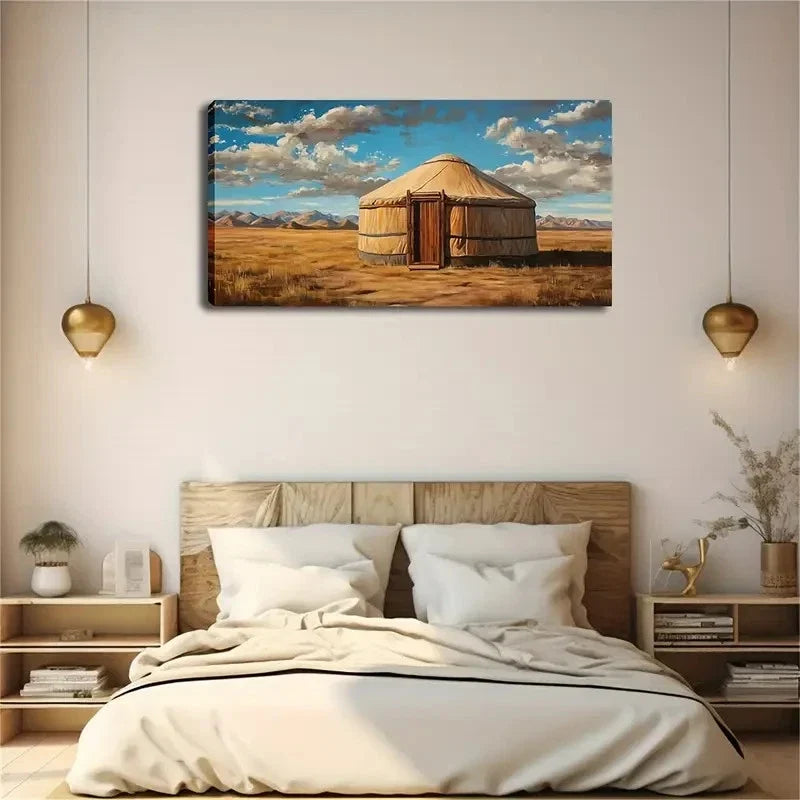 Realistic Mongolian Yurt Grass Wall Art Canvas Office Home Room Framed 120x60cm