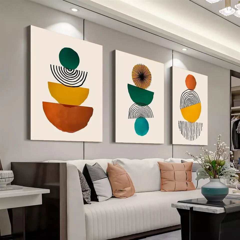 3pcs Abstract Mid-Century Modern Geometric  Wall Art Set Canvas Framed 40x60cm - High Quality Print 100% Australian Made Wall Canvas Ready to Hang