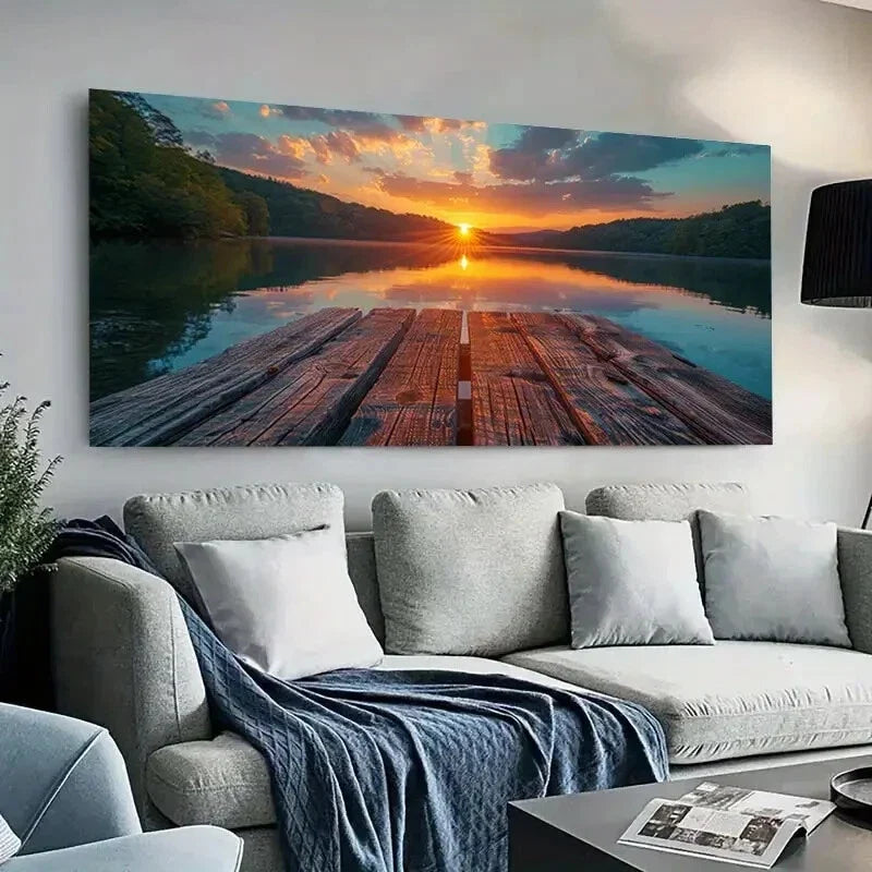 Sunset Lake & Wooden Pier Wall Art Canvas Office Home Room Framed 80x45cm