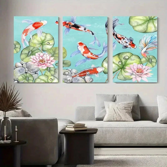 3pcs Koi Fish and for Lotus Watercolor Japanese Metal Print Ready to Hang Art