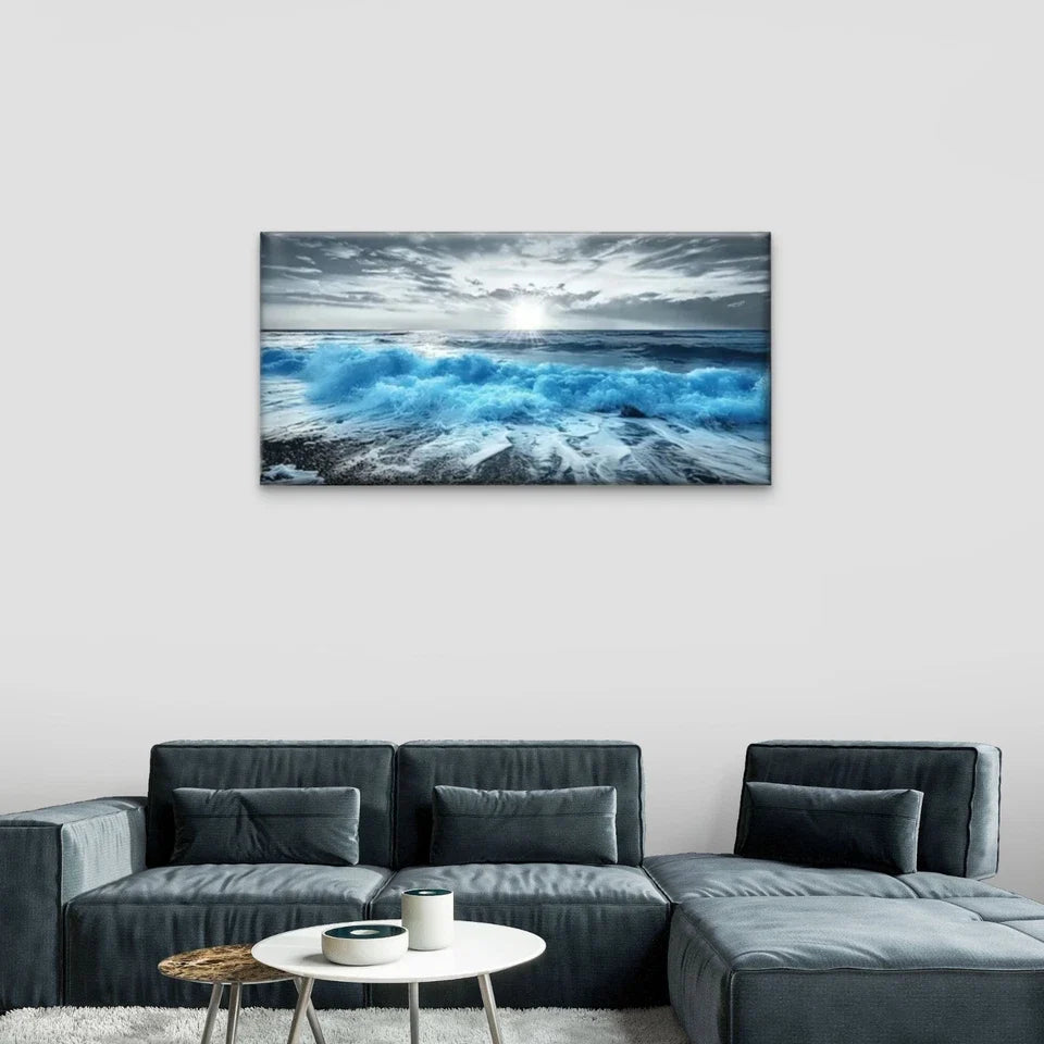 Huge Waves Coast Grey Blue Wall Art Canvas Office Home Room Framed 120x60cm