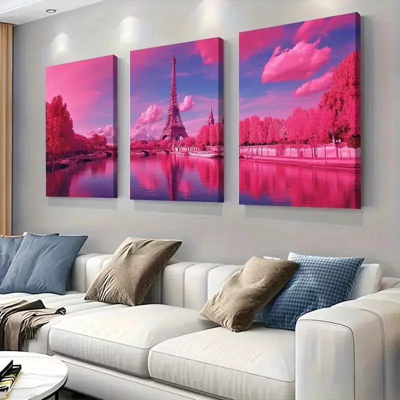 3pcs  Pink Parisian Eiffel Tower Triptych Wall Art Set Canvas Framed 40x60cm - High Quality Print 100% Australian Made Wall Canvas Ready to Hang