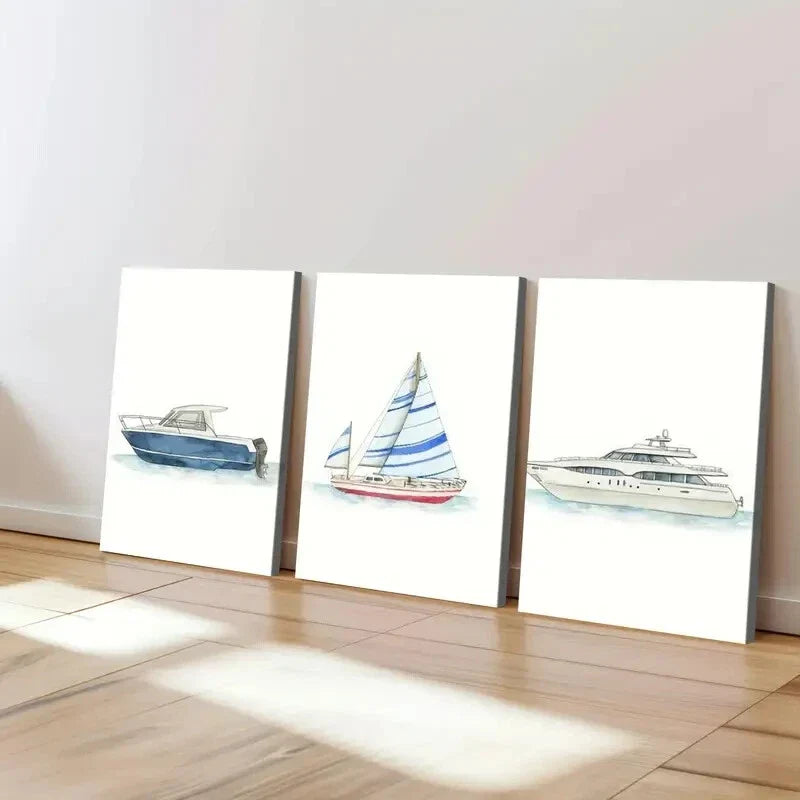 3pcs Ship Transportation Bars Designs Blue White Wall Art Set Canvas Framed 40x60cm - High Quality Print 100% Australian Made Wall Canvas Ready to Hang