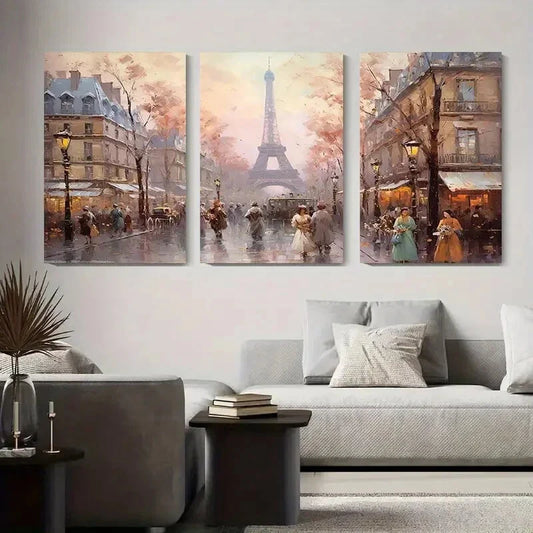 3pcs Vintage Parisian Street Scene with Romantic Metal Print Ready to Hang Art