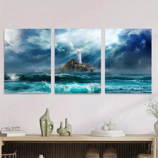 3pcs Ocean Storm Lighthouse Painting Wall Art Set Canvas Framed 40x60cm - High Quality Print 100% Australian Made Wall Canvas Ready to Hang