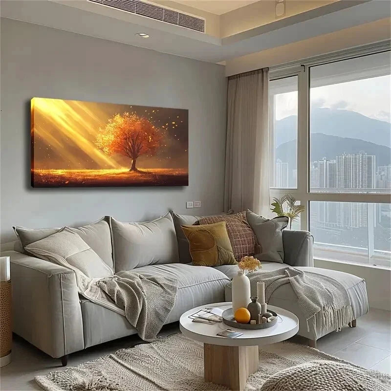 Shows a Small Golden Tree Wall Art Canvas Office Home Room Framed 120x60cm