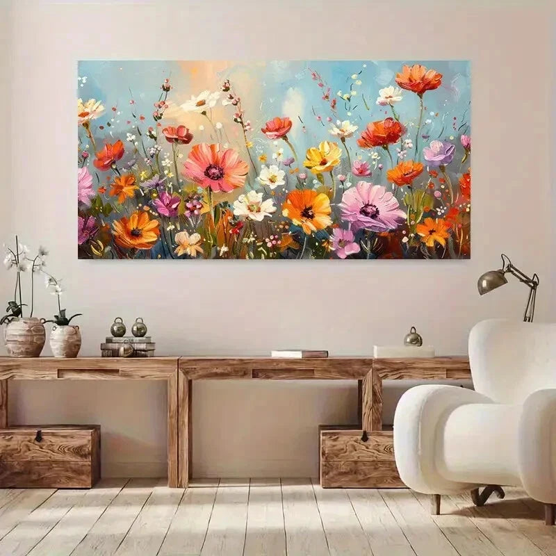 Vibrant Flower Field Colorful Wall Art Canvas Office Home Room Framed 80x45cm
