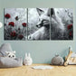 3pcs White Fox Red Roses Leaves Black & White Metal Print Ready to Hang Art