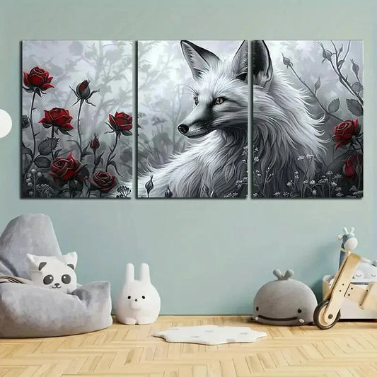 3pcs White Fox Red Roses Leaves Black & White Metal Print Ready to Hang Art