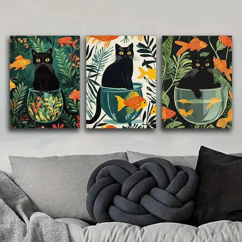 3pcs Black Cats Colorful Orange Fish Perfect Wall Art Set Canvas Framed 40x60cm - High Quality Print 100% Australian Made Wall Canvas Ready to Hang