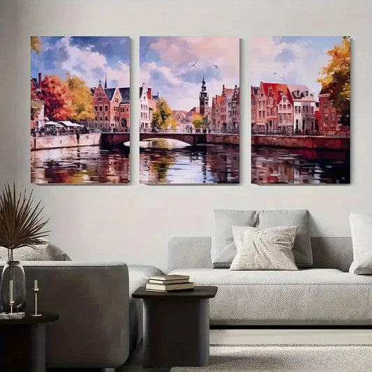 3pcs Modern Classic Art Deco Vertical Bruges Metal Print Ready to Hang Art