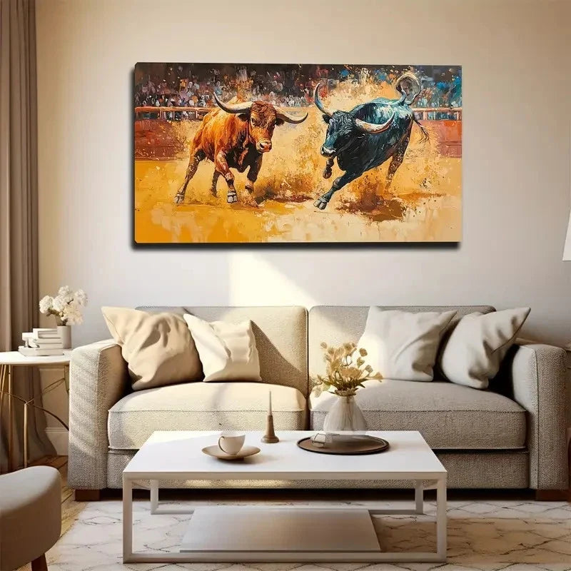 Two Powerful Bulls Wall Art Canvas Office Home Room Framed 80x45cm