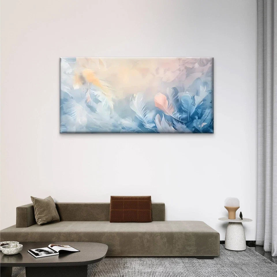 Blue & Yellow Feather Design Wall Art Canvas Office Home Room Framed 80x45cm