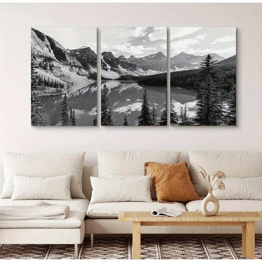 3pcs Black & White Mountain & Lake Scene Nature Metal Print Ready to Hang Art