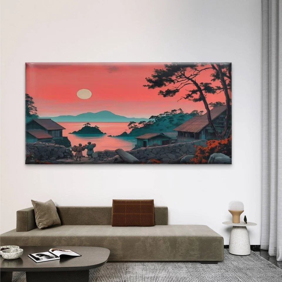Chinese Inspired Asian Village Wall Art Canvas Office Home Room Framed 120x60cm