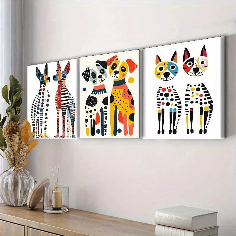 3pcs Two Surreal Dogs Colorful White Background  Wall Art Set Canvas Framed 40x60cm - High Quality Print 100% Australian Made Wall Canvas Ready to Hang