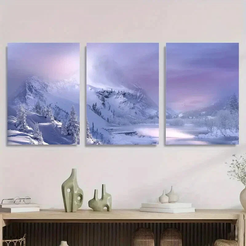 3pcs Winter Wonderland Snowy Mountain & River Metal Print Ready to Hang Art