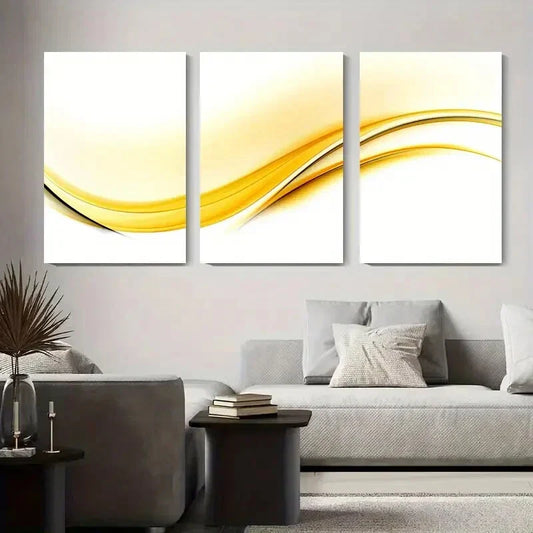 3pcs Modern Abstract Wave Yellow and White Metal Print Ready to Hang Art