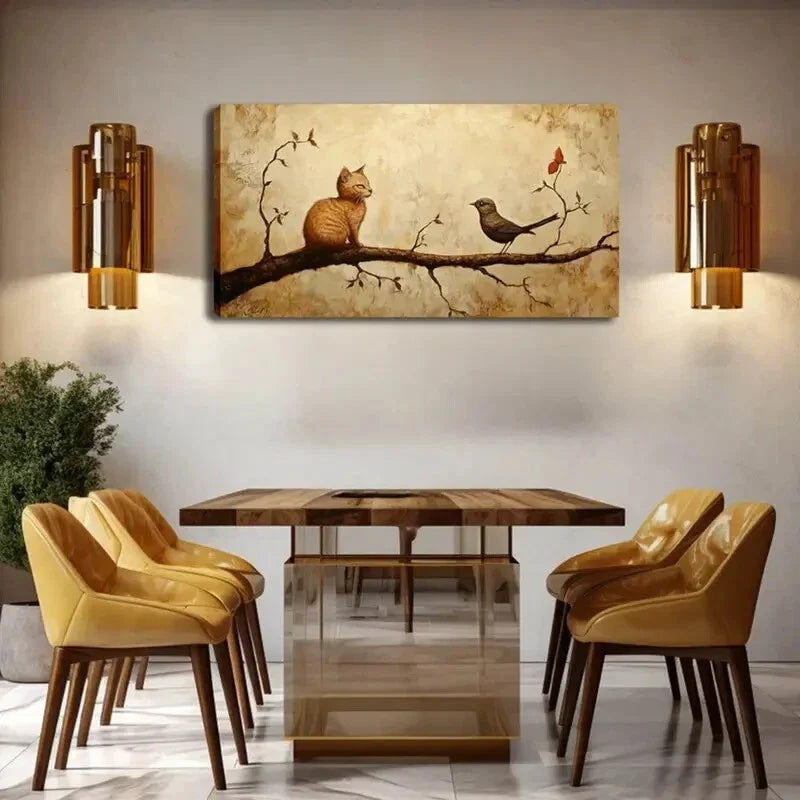 Orange Tabby Cat & Brown Bird Wall Art Canvas Office Home Room Framed 80x45cm