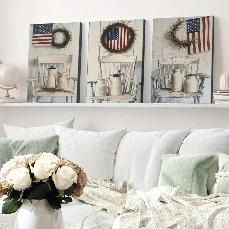 3pcs Old White Chair Two Milk Jugs Lovers Flag Wall Art Set Canvas Framed 40x60cm - High Quality Print 100% Australian Made Wall Canvas Ready to Hang