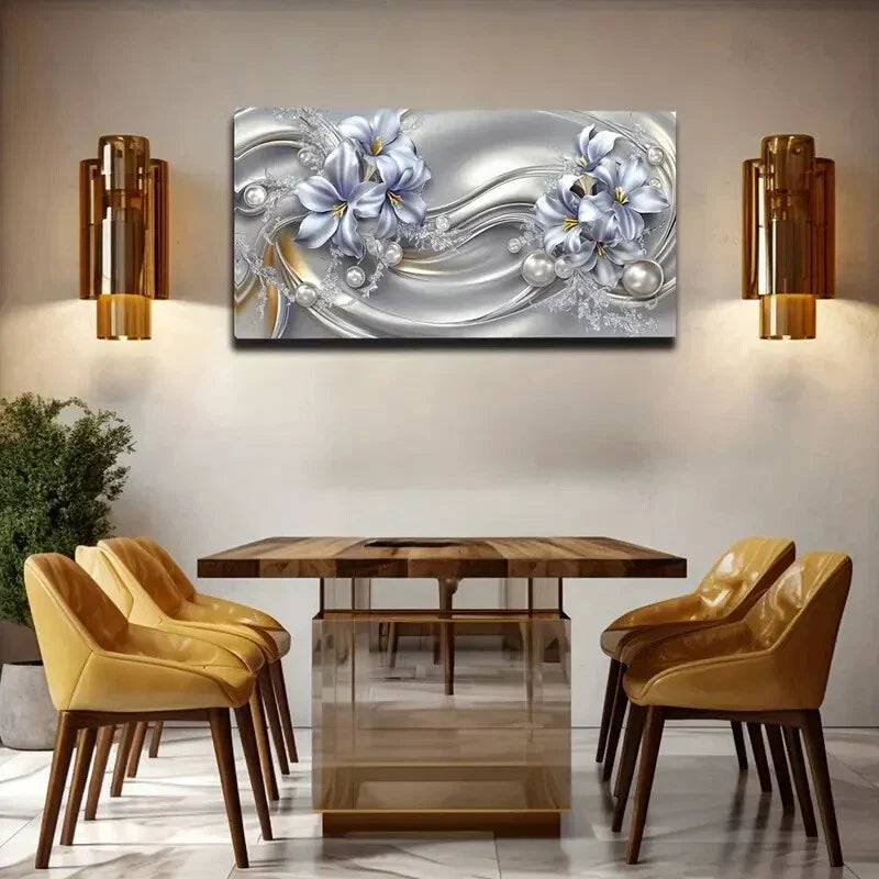 Light Blue Flowers Golden Wall Art Canvas Office Home Room Framed 120x60cm