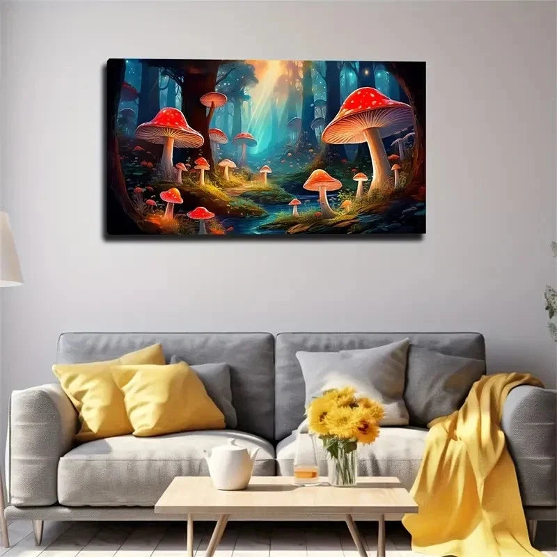 Mystical Forest Of Mushrooms Wall Art Canvas Office Home Room Framed 120x60cm
