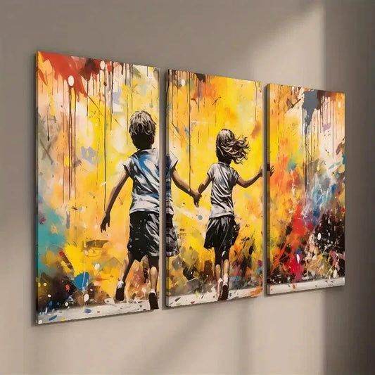 3pcs Boy And Girl Running on a Street Wall Art Set Canvas Framed 40x60cm - High Quality Print 100% Australian Made Wall Canvas Ready to Hang