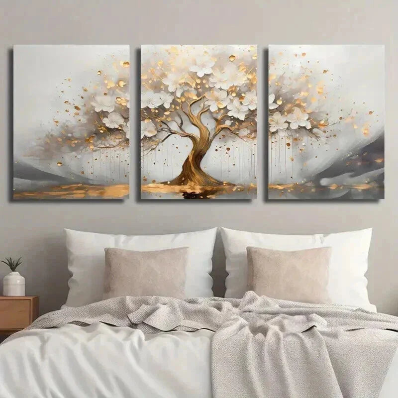 3pcs Abstract Golden Tree with White Flowers Wall Art Set Canvas Framed 40x60cm - High Quality Print 100% Australian Made Wall Canvas Ready to Hang