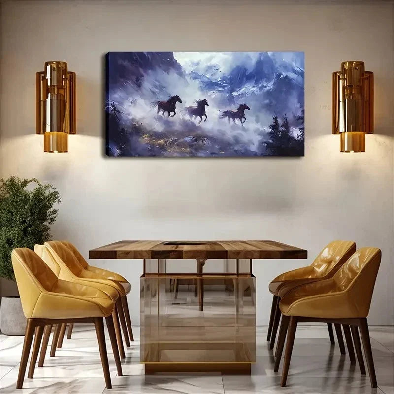 Three Horses Galloping In Snow Wall Art Canvas Office Home Room Framed 120x60cm