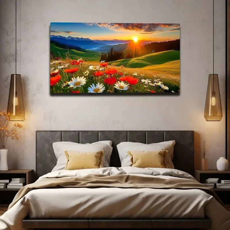 Vibrant Sunset Mountain Wall Art Canvas Office Home Room Framed 80x45cm