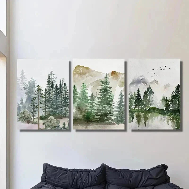 3pcs Sage Green Forest Mountain Nature Wall Art Set Canvas Framed 40x60cm - High Quality Print 100% Australian Made Wall Canvas Ready to Hang