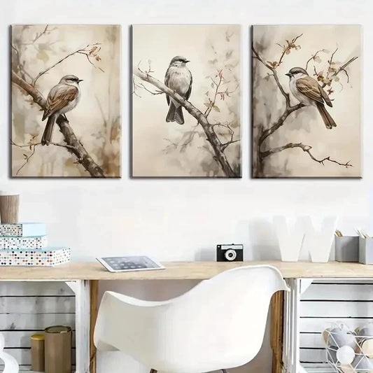 3pcs Vintage Style Bird Decoration Wall Art Set Canvas Framed 40x60cm - High Quality Print 100% Australian Made Wall Canvas Ready to Hang
