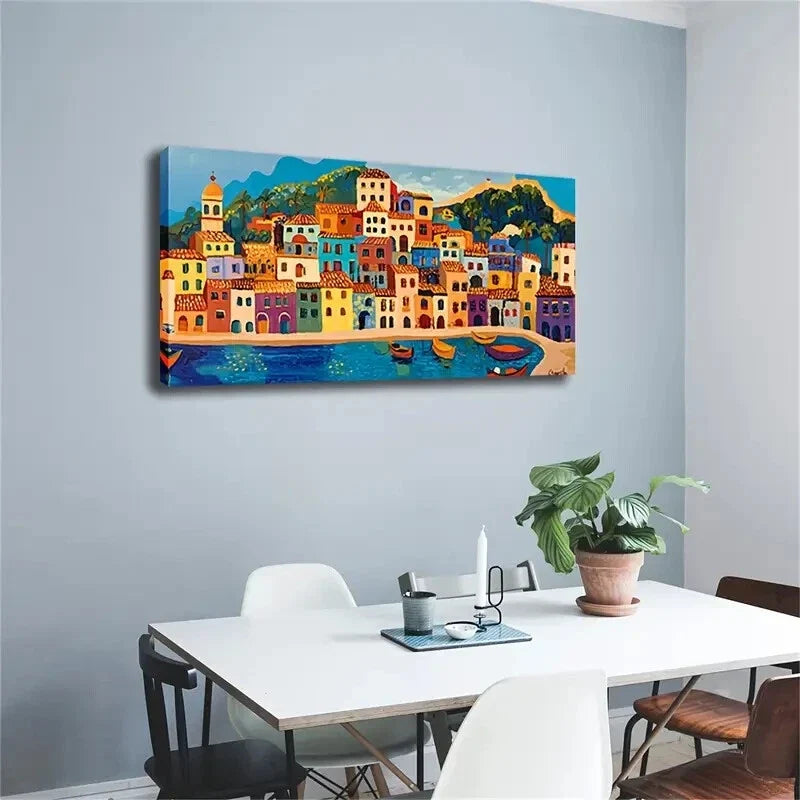 Colorful Houses & Beach Scene Wall Art Canvas Office Home Room Framed 120x60cm