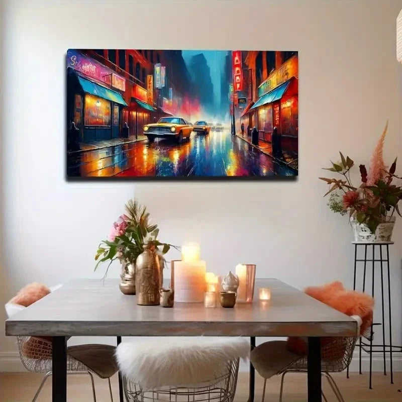 Vibrant City Street Scene Neon Wall Art Canvas Office Home Room Framed 120x60cm
