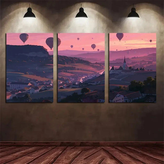 3pcs Hot Air Balloon Sunset Pink Sky Dreamy Metal Print Ready to Hang Art