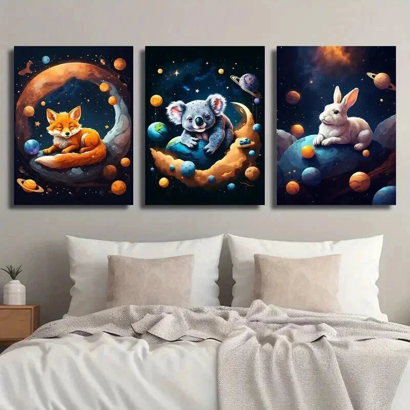 3pcs Fox Koala & Rabbit with Fantasy Planet Wall Art Set Canvas Framed 40x60cm - High Quality Print 100% Australian Made Wall Canvas Ready to Hang