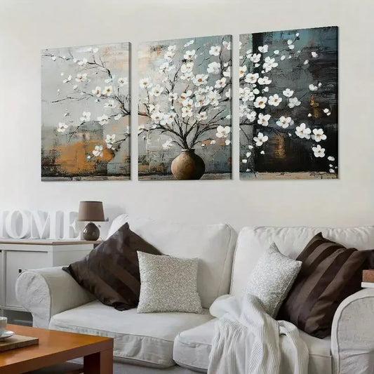 3pcs White Flower Graffiti on a Brown Backdrop Wall Art Set Canvas Framed 40x60cm - High Quality Print 100% Australian Made Wall Canvas Ready to Hang