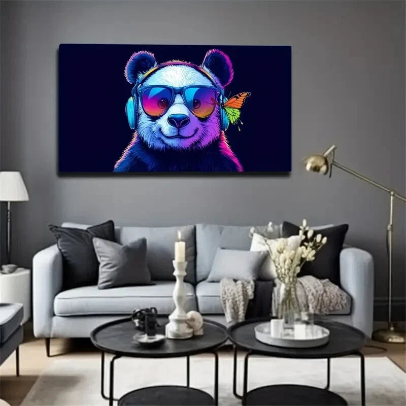 Minimalist Cute Panda Headphone Wall Art Canvas Office Home Room Framed 120x60cm