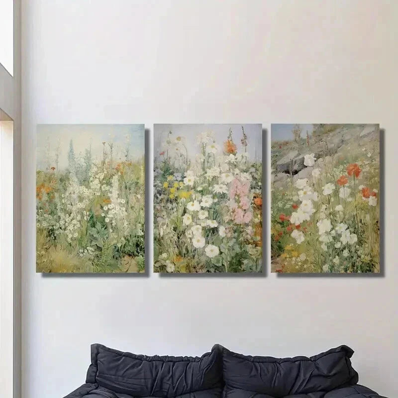 3pcs Vintage Spring Wildflower Field Wall Art Set Canvas Framed 40x60cm - High Quality Print 100% Australian Made Wall Canvas Ready to Hang