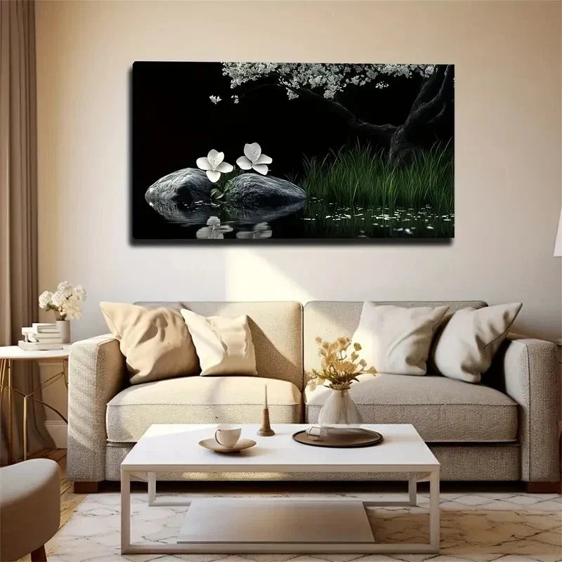 Two White Flowers Under Blossom Wall Art Canvas Office Home Room Framed 120x60cm