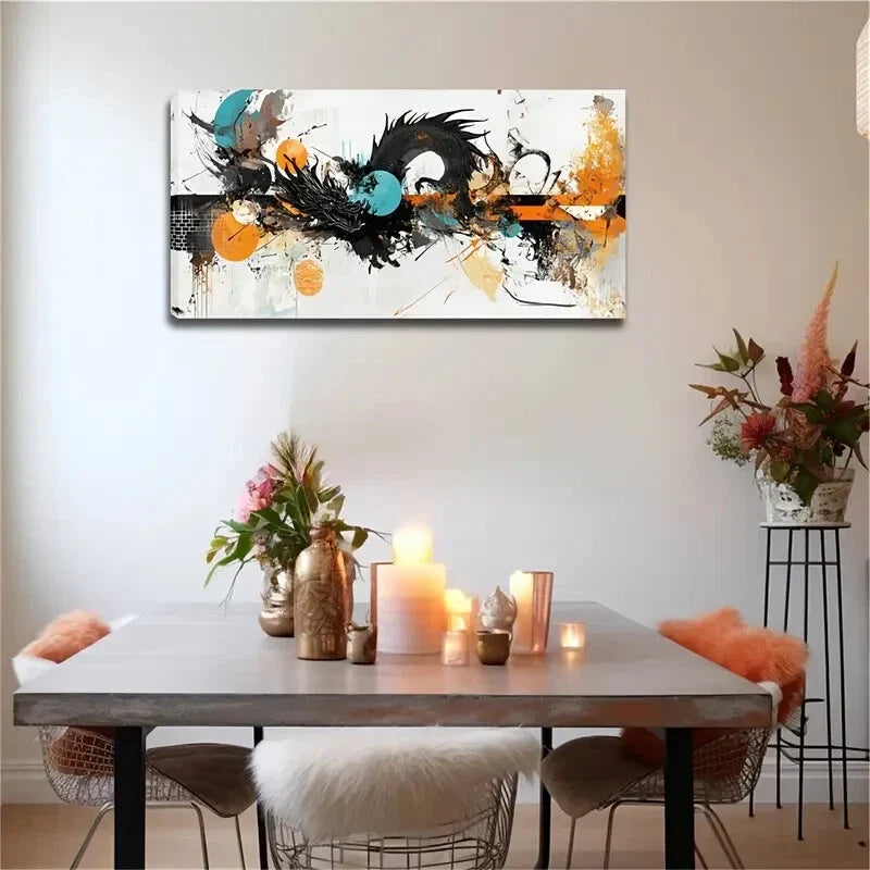 Black Dragon Turquoise Circular Wall Art Canvas Office Home Room Framed 120x60cm