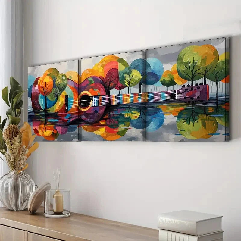 3pcs Colorful Guitar Tree Design Cool Perfect Wall Art Set Canvas Framed 40x60cm - High Quality Print 100% Australian Made Wall Canvas Ready to Hang