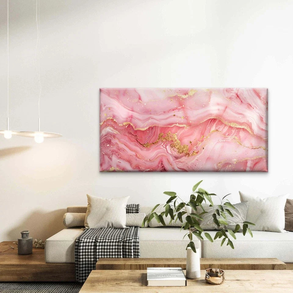 Rose Quartz Gold Abstract Wall Art Canvas Office Home Room Framed 120x60cm
