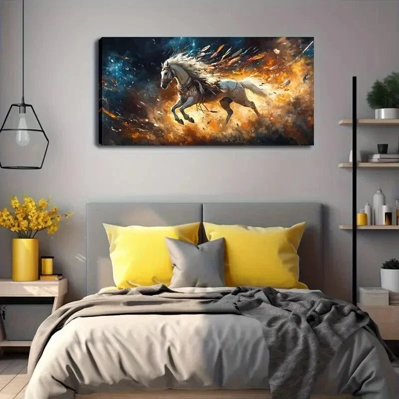 Vibrant White Horse Colorful Wall Art Canvas Office Home Room Framed 120x60cm