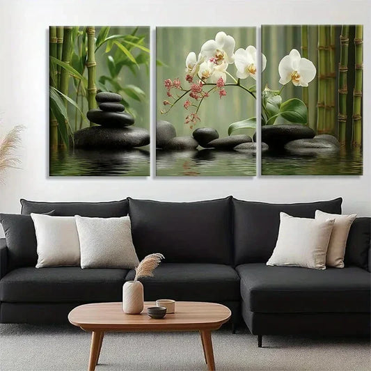3pcs Bamboo Orchids And Stacked Stones Metal Print Ready to Hang Art